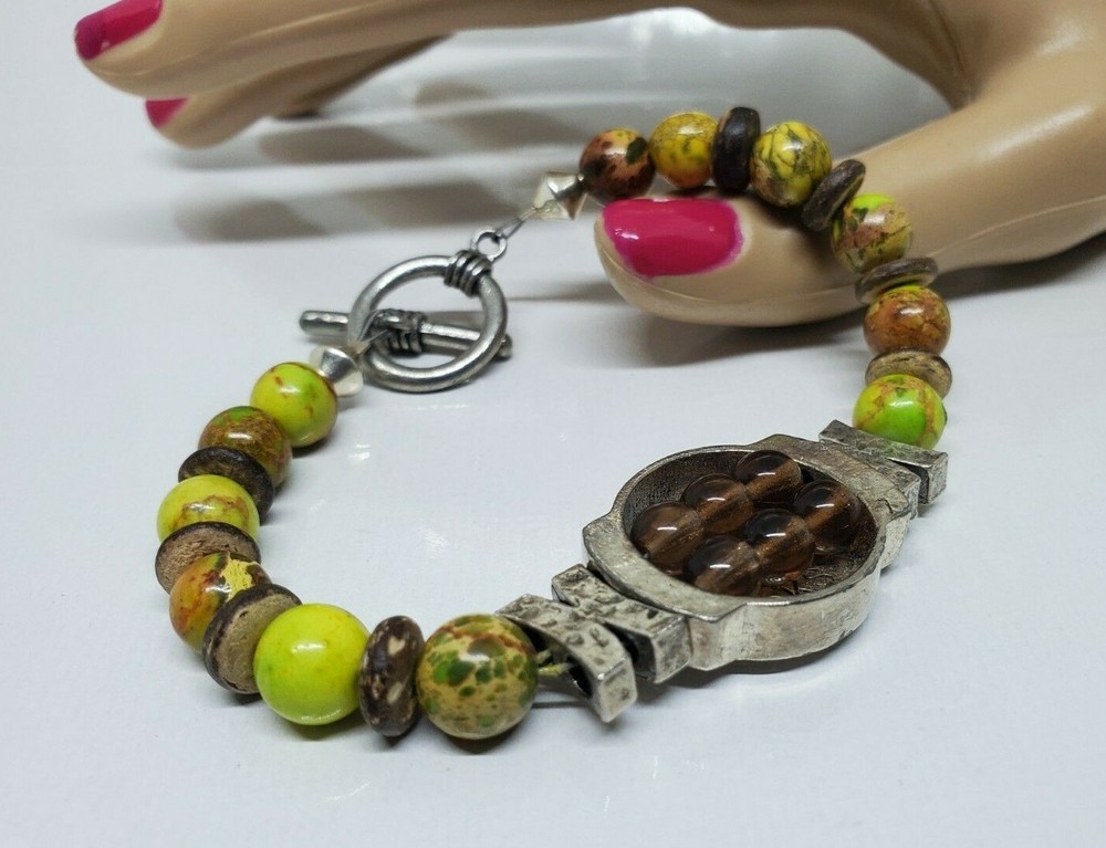 Green Brown Beaded Tree Design Bracelet 8" Marked KS