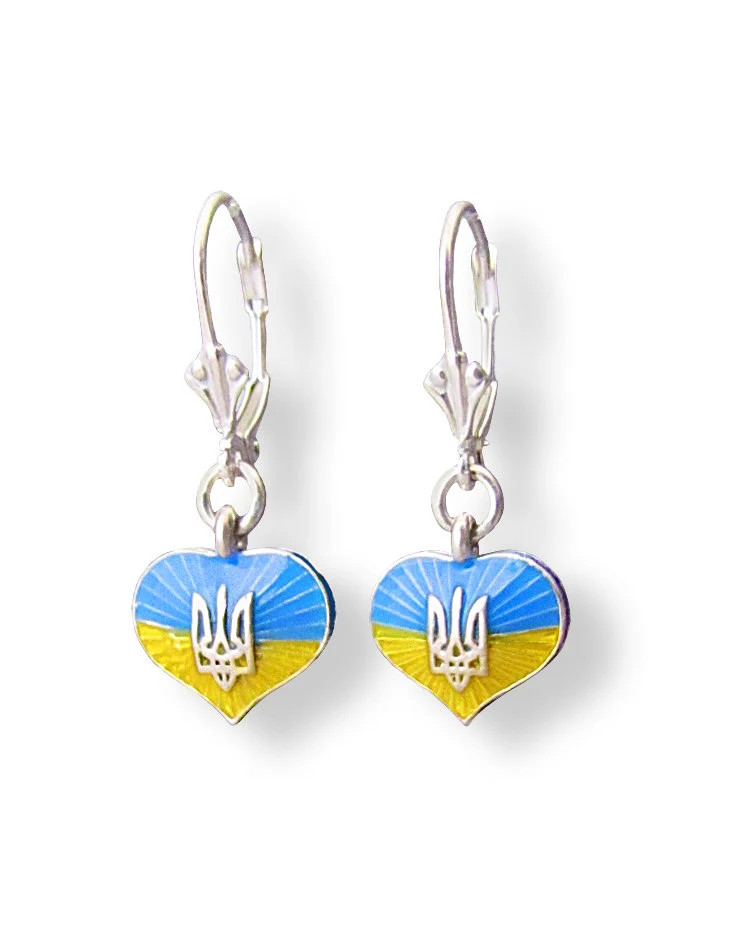 Silver Ukrainian Trident Тризуб in Heart Earrings, Drop Dangle,Snap Closure, 1"