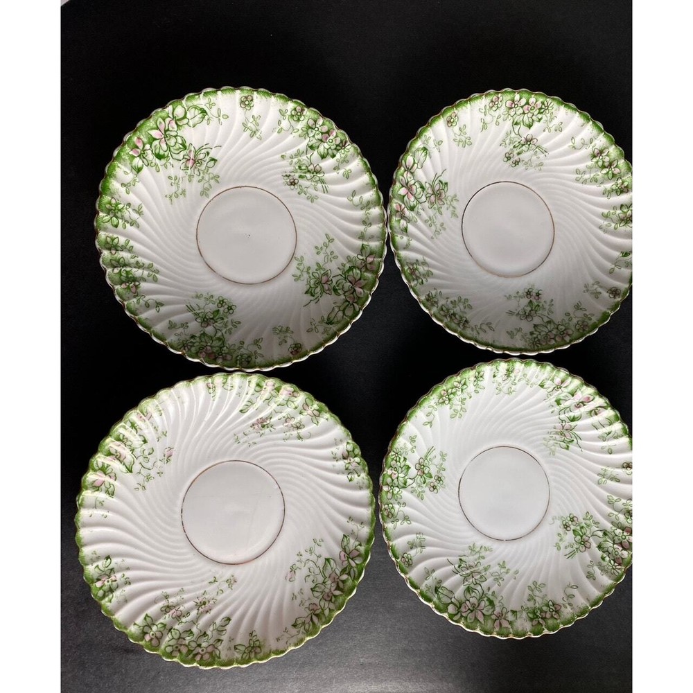 Antique 13-Piece Tea Set - Delicate Green Leaf & Pink Flower Pattern