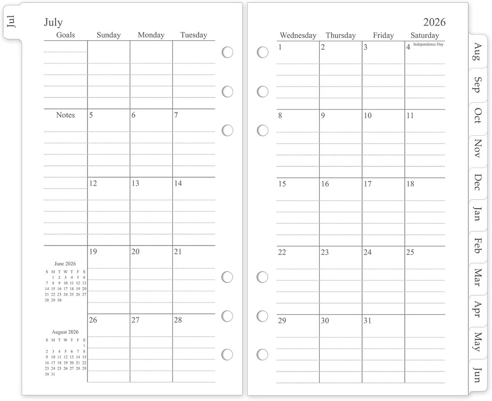 2026-2027 Monthly Planner Refill, A6 Small Size Planner Inserts for 6 Ring