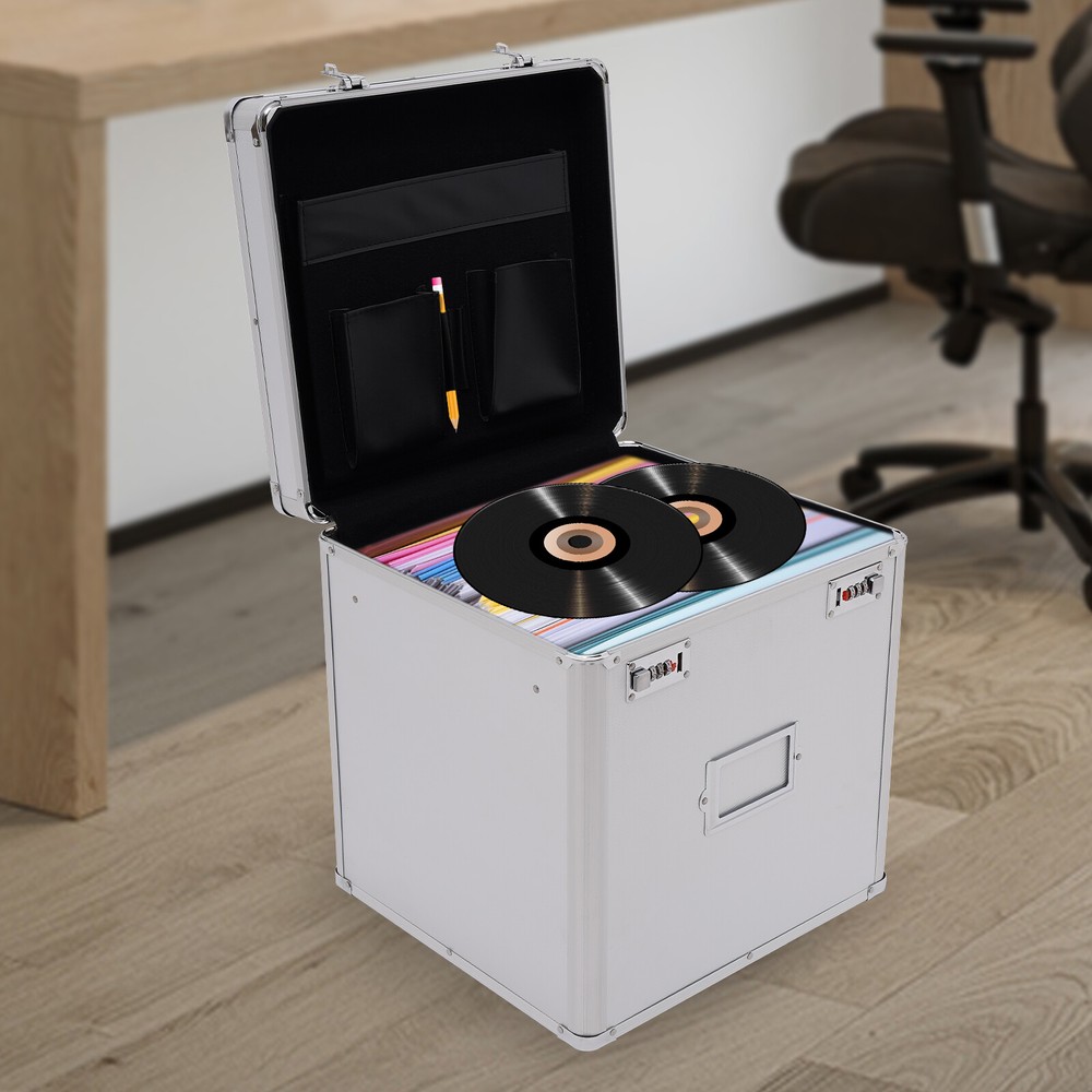 Vinyl Record Storage Box with Combination Lock for 50 Records, Silver