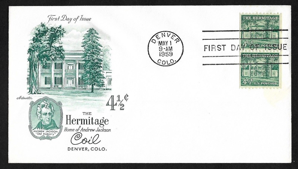 #1059 4 1/2c  Hermitage - Artmaster FDC Coil pair