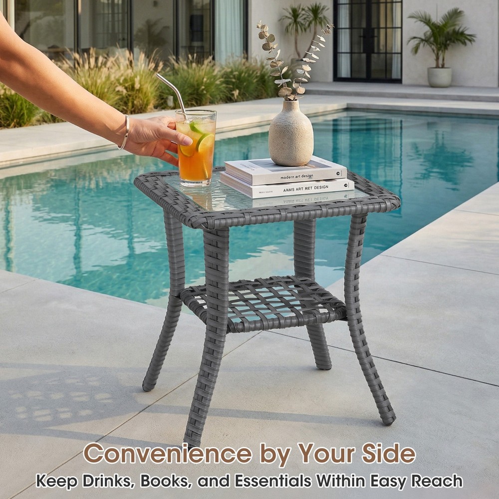 Wicker Side Table 17.7" - Tempered Glass Top & Shelf, Patio End Table