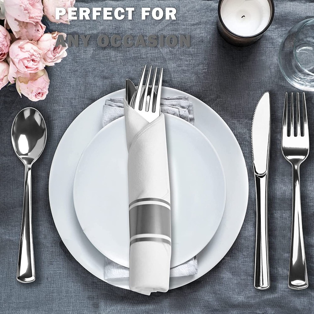 400 Pcs Pre Rolled Silver Cutlery Set, 100 Pack Wrapped Silverware Set with N...