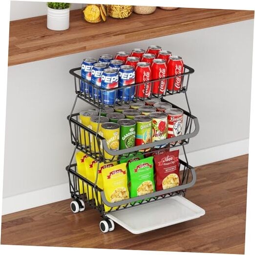 3-Tier Rolling Pantry Floor Organizer, Stackable Pantry 3 Tier Black (1 Pack）