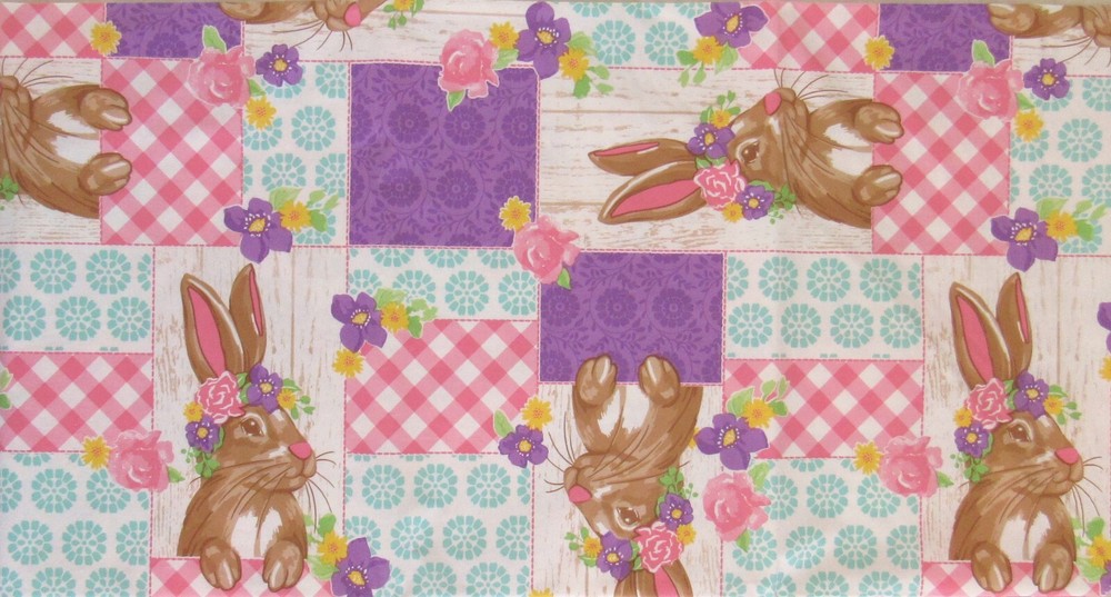 Easter Bunny Floral Patchwork Vinyl Flannel Back Tablecloth Var Size