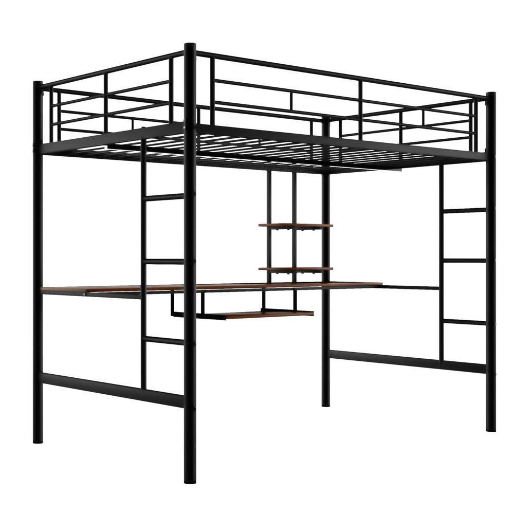 Full Size Bed Frame Loft Bed with Desk and Shelf , Space Saving Design Black