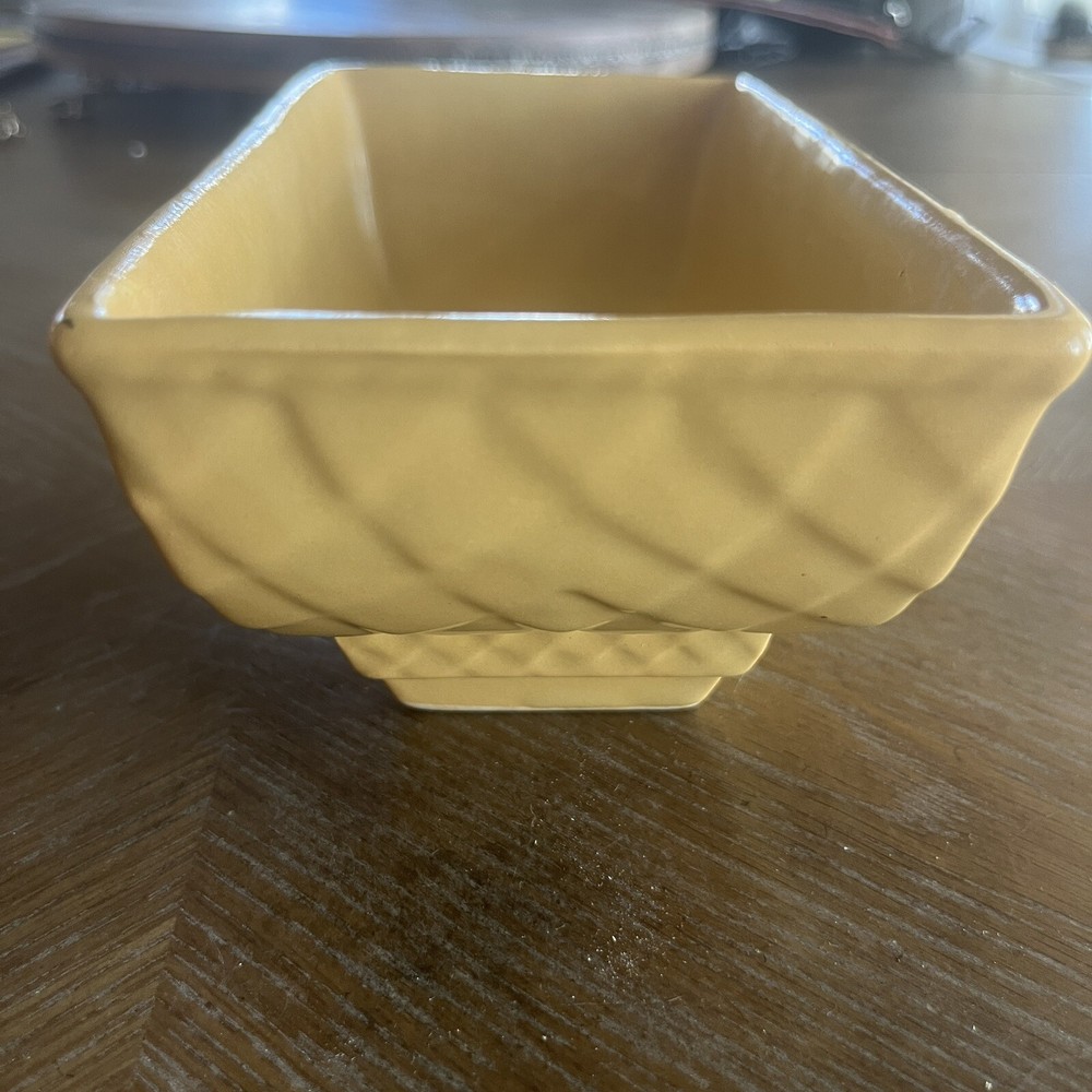 Vintage 404-USA Yellow Ceramic Rectangular Planter Basketweave Pattern Footed