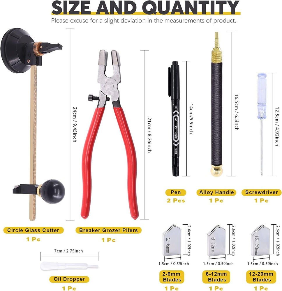 9 Pcs Glass Cutting Tool Set Kit Includes Adjustable Circular Cutter,...