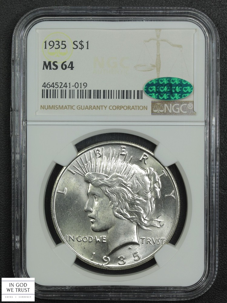 1935 Peace Silver Dollar $1 NGC MS 64 CAC (BLAST WHITE!)