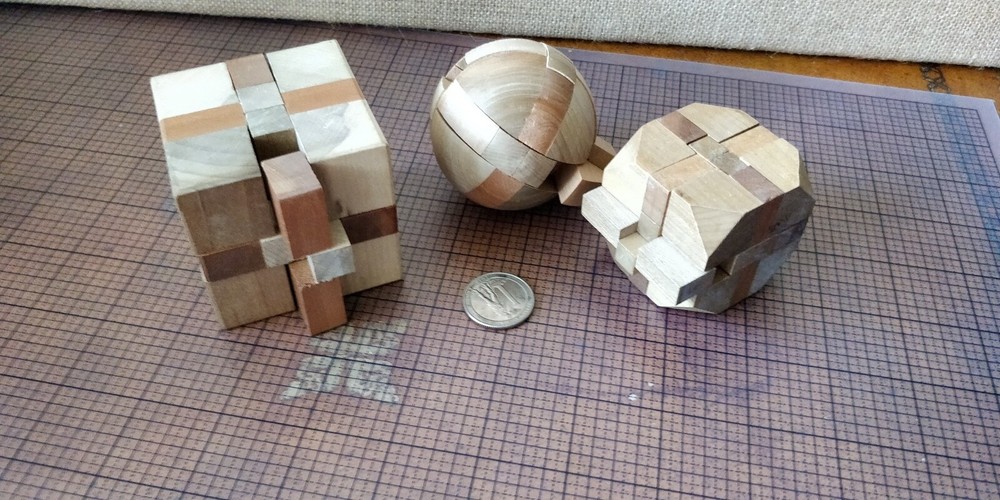 3 Wooden Puzzle Brain Teasers - Cube, Sphere, Rounded cube