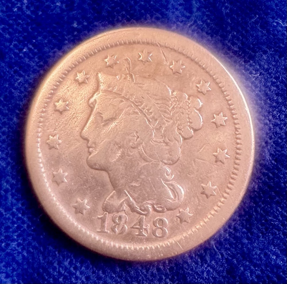1848 Large Copper One Cent, Braided Hair