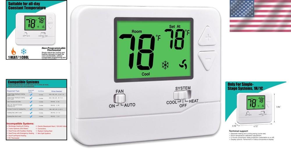 Energy-Saving Non-Programmable Thermostat with Green Backlight - Perfect for ...