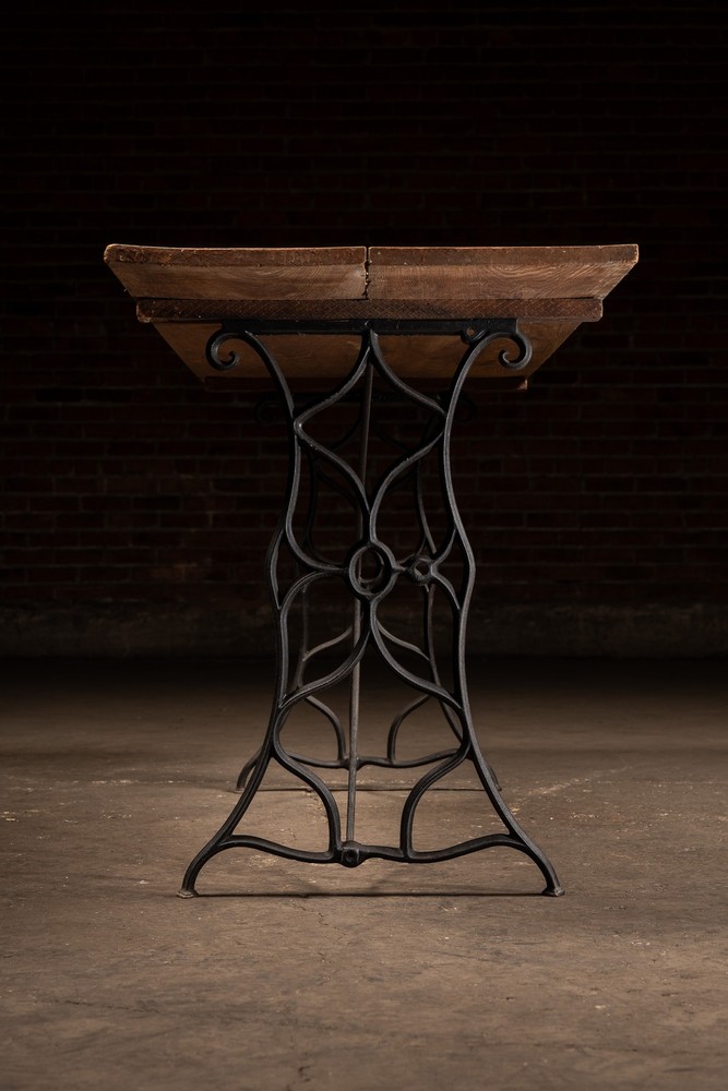 Early Industrial Oak Plank Table with Cast Iron Machine Base