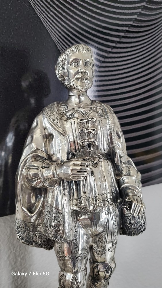 EXEPTIONAL PAIR EXTRA LARGE ANTIQUE HANAU GERMAN SILVER FIGURAL DECANTERS CA1880
