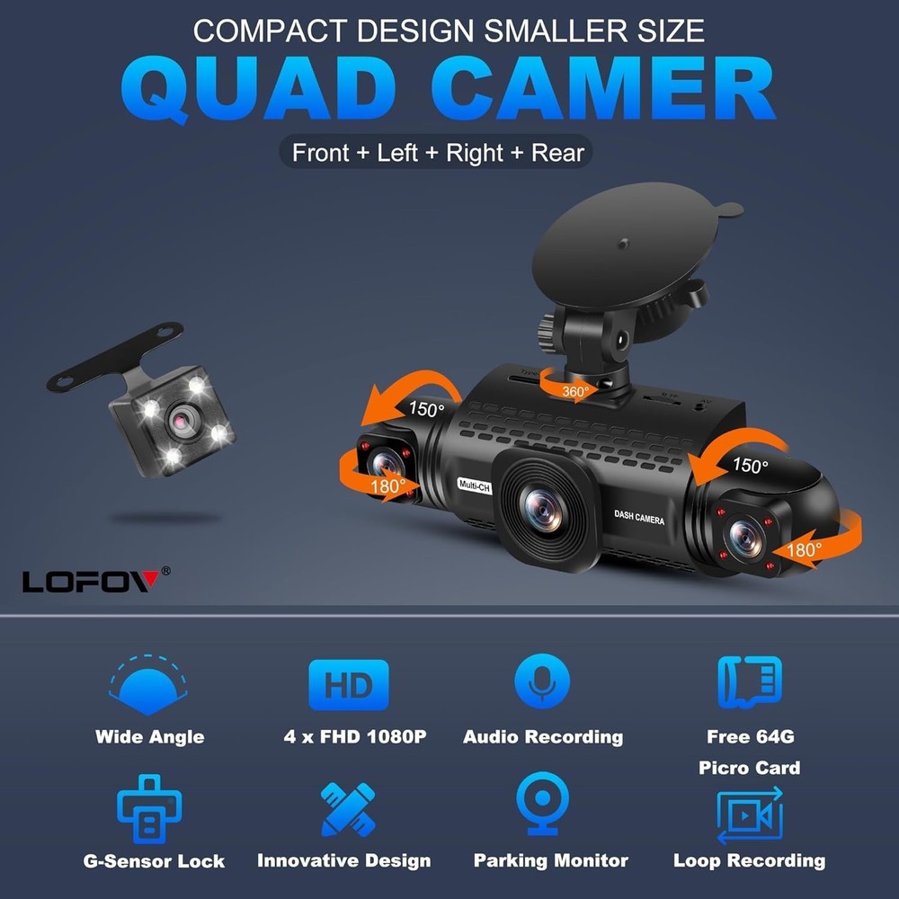 All-Around Dash Cam with Voice Control & Comprehensive Coverage - 64GB Included