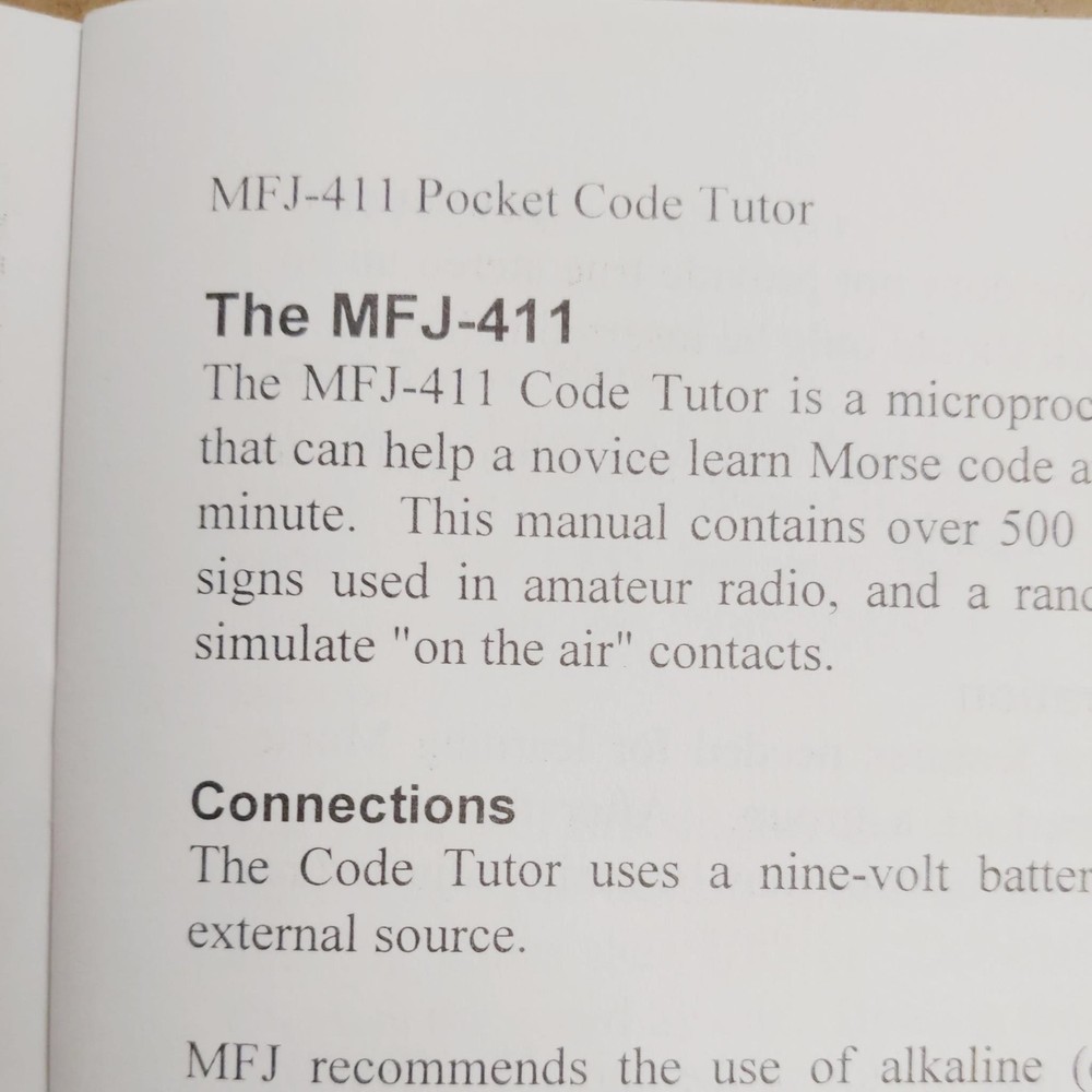 MFJ-411 Pocket Code Tutor Instruction Manual, Not A Reprint