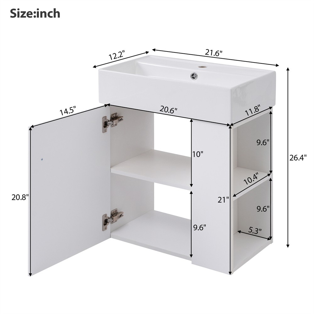 Modern Floating Bathroom Vanity Cabinet with Ceramic Basin and Side Storage