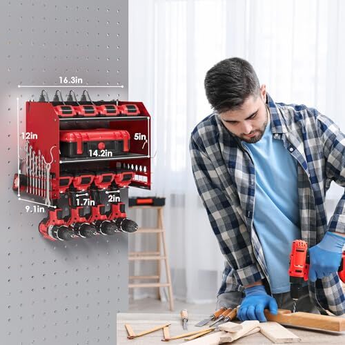 Power Tool Organizer Wall Mount with Charging Station, 4 Drill Holder Built
