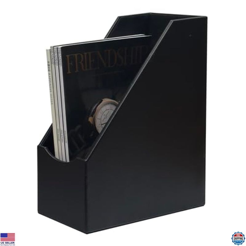UnionBasic Leatherette Magazine File Holder - Stylish Black Document Organizer