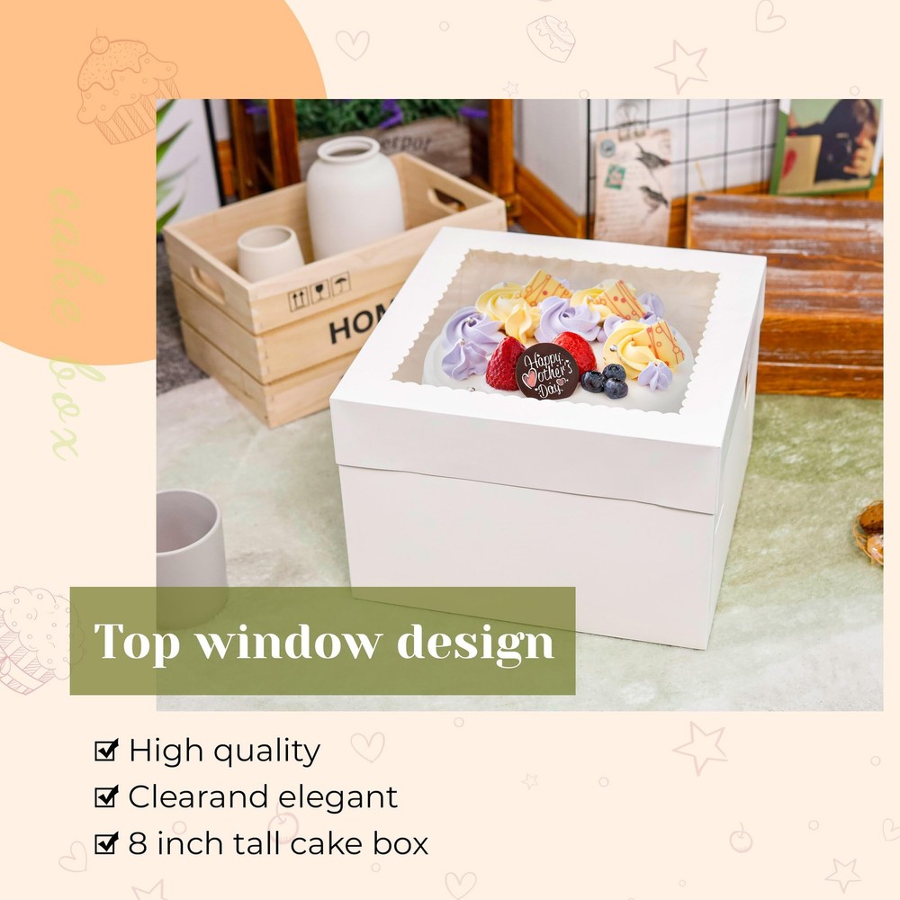 10 Pack Cake Boxes 12x12x8 Inch White Cake Boxes with Window Cajas Para Paste...