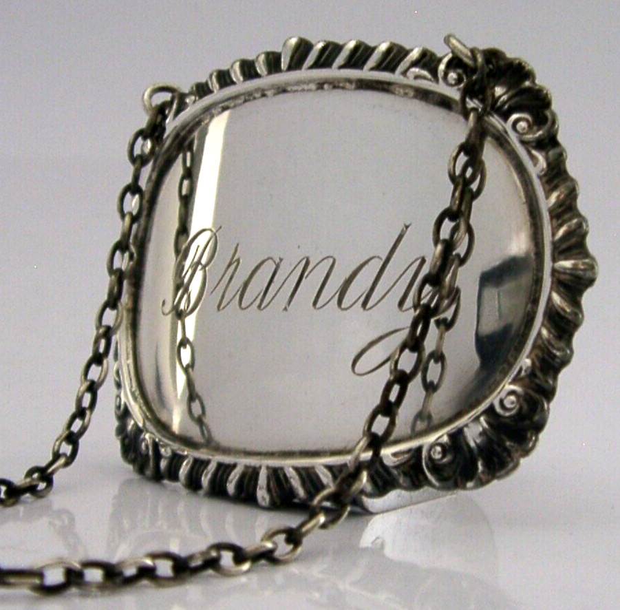 LARGE 16g SOLID STERLING SILVER BRANDY BOTTLE DECANTER LABEL 1970 BARWARE