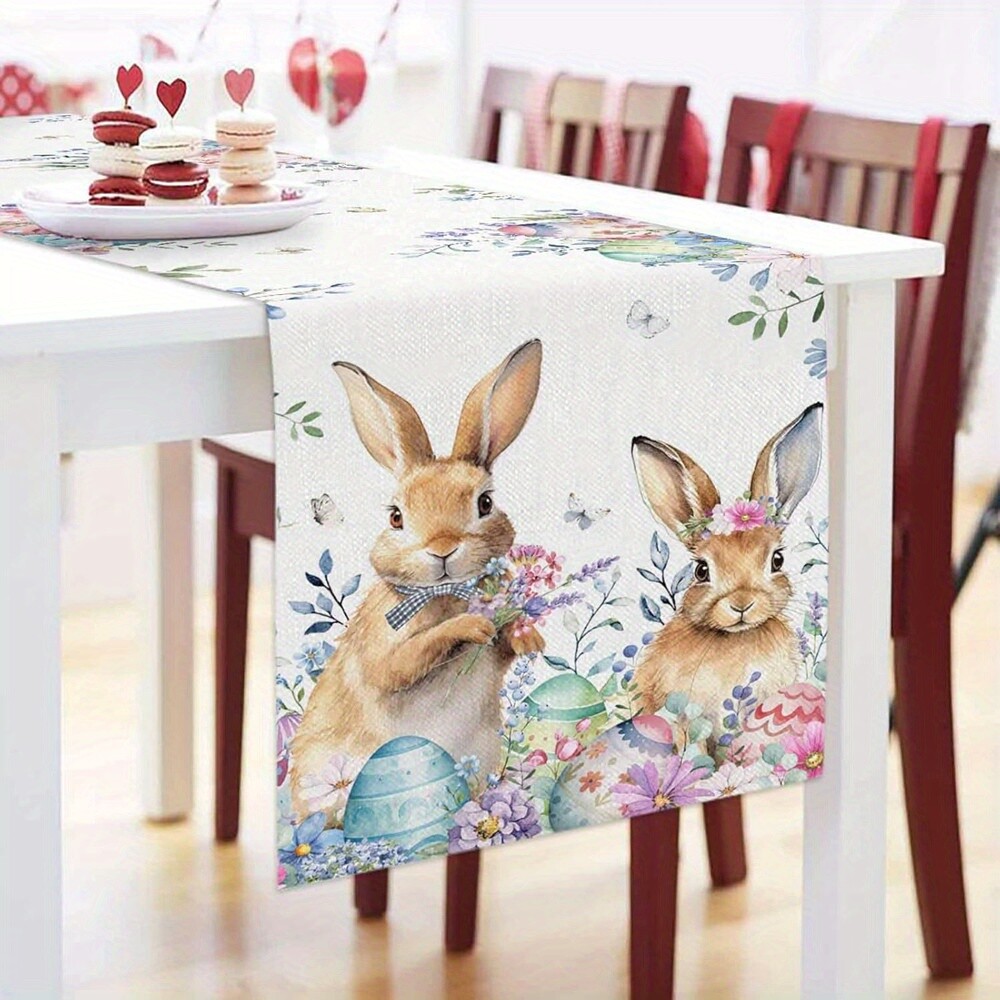 1 PC Easter Table Flag Bunny Eggs Long Eucalyptus Leaf Print Table Runner