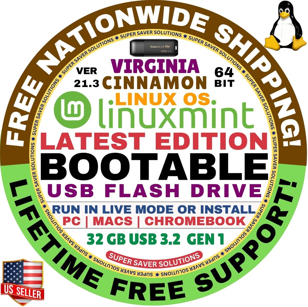 Linux MINT 21.3 USB VIRGINIA Cinnamon 64-Bit Live Boot, full Install for MAC, PC