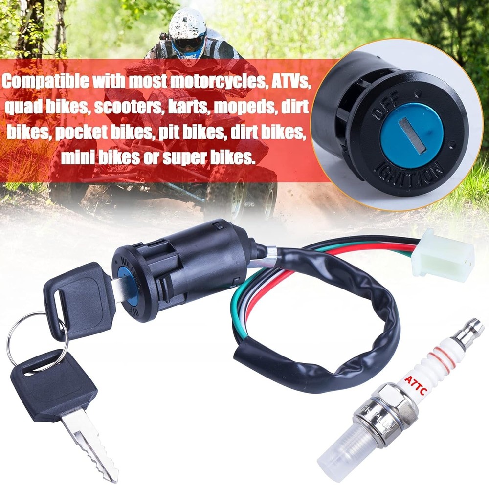 Ignition Key Switch 2pcs 4-Wire 4-pin and A7TC Spark Plug Replacement for Tao...