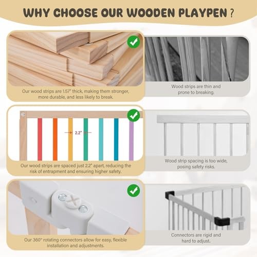 Baby Wooden Playpen, Foldable Shape & Size Adjustable 8 Panel Multicolor
