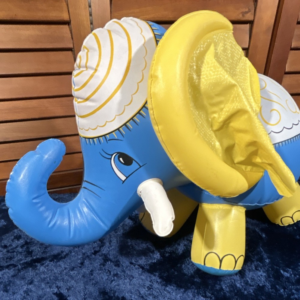 Vintage Inflatable Elephant Blue Yellow Toy