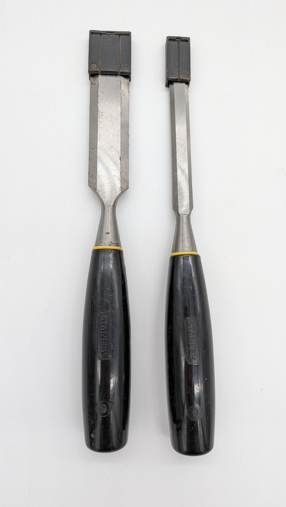 2 Stanley Wood Chisel Lot Yellow Black Handle 1/2" & 1"