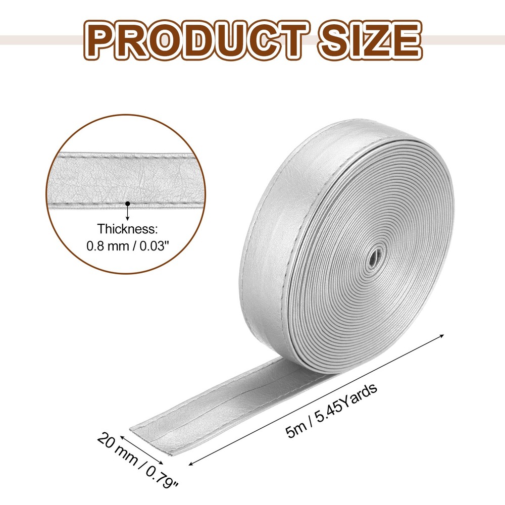 5.5Yard/5m Double Sided PU Leather Strap, 0.79" Wide Flat Strips, Silver