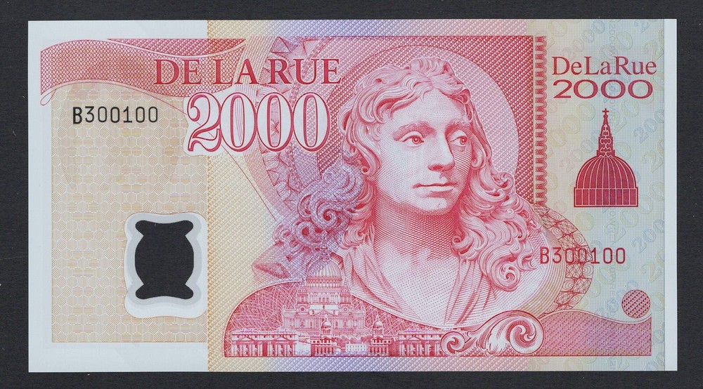 De La Rue, 2000 Units Sir Christopher Michael S/N300100 Polymer Test Note