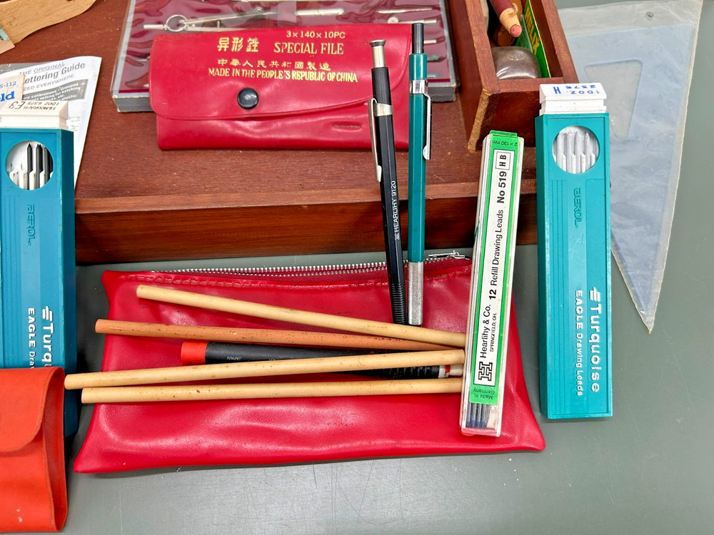 LARGE VINTAGE Tool Lot: Drafting Instruments, Precision Files, Templates & Case