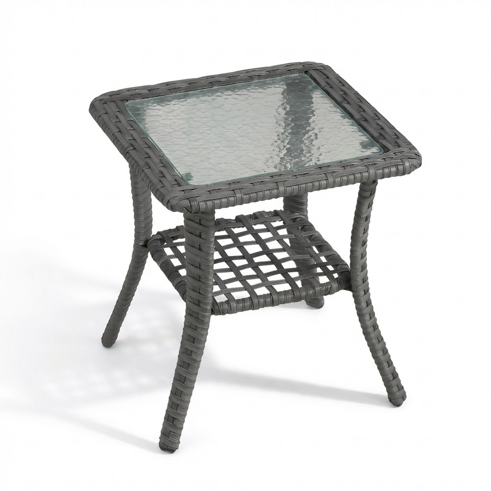 Wicker Side Table 17.7" - Tempered Glass Top & Shelf, Patio End Table