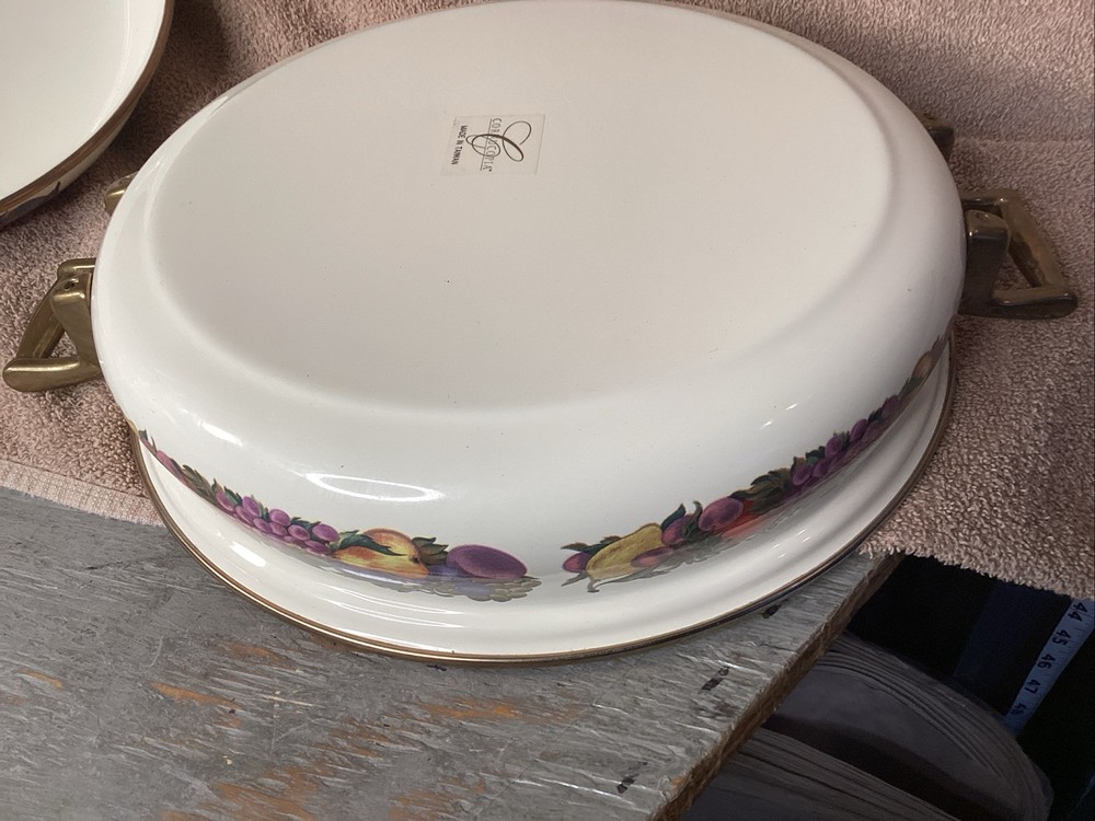 Cornucopia Lidded Serving Dish w/saucepan handles fruit pattern vintage