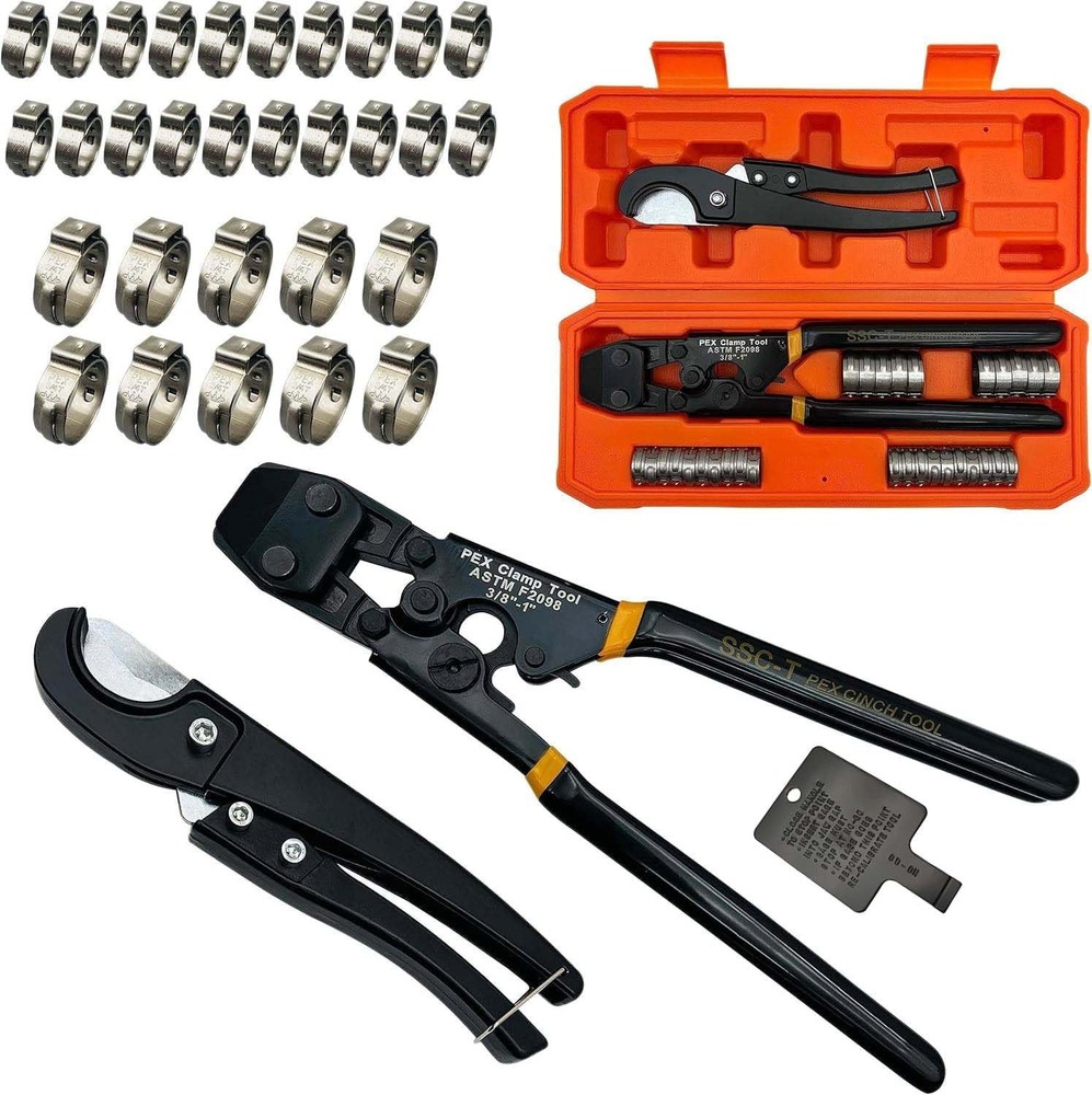 Pex pipe cinch clamp tool with clamps and pipe cutter