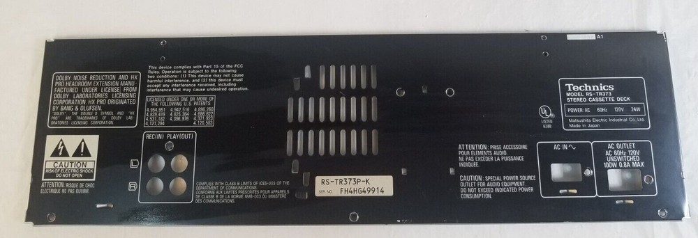 TECHNICS RS-TR373 Stereo Cassette Deck BACK METAL COVER