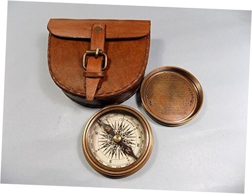Authentic Vintage Style Brass Pocket Compass with Leather Case Rustic Vintage