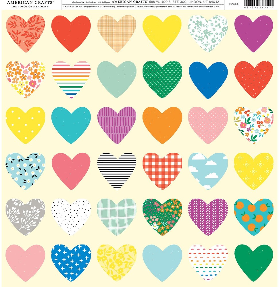 American Crafts Patterned Single-Sided Cardstock 12"X12"-Heart Pattern - 25 Pack