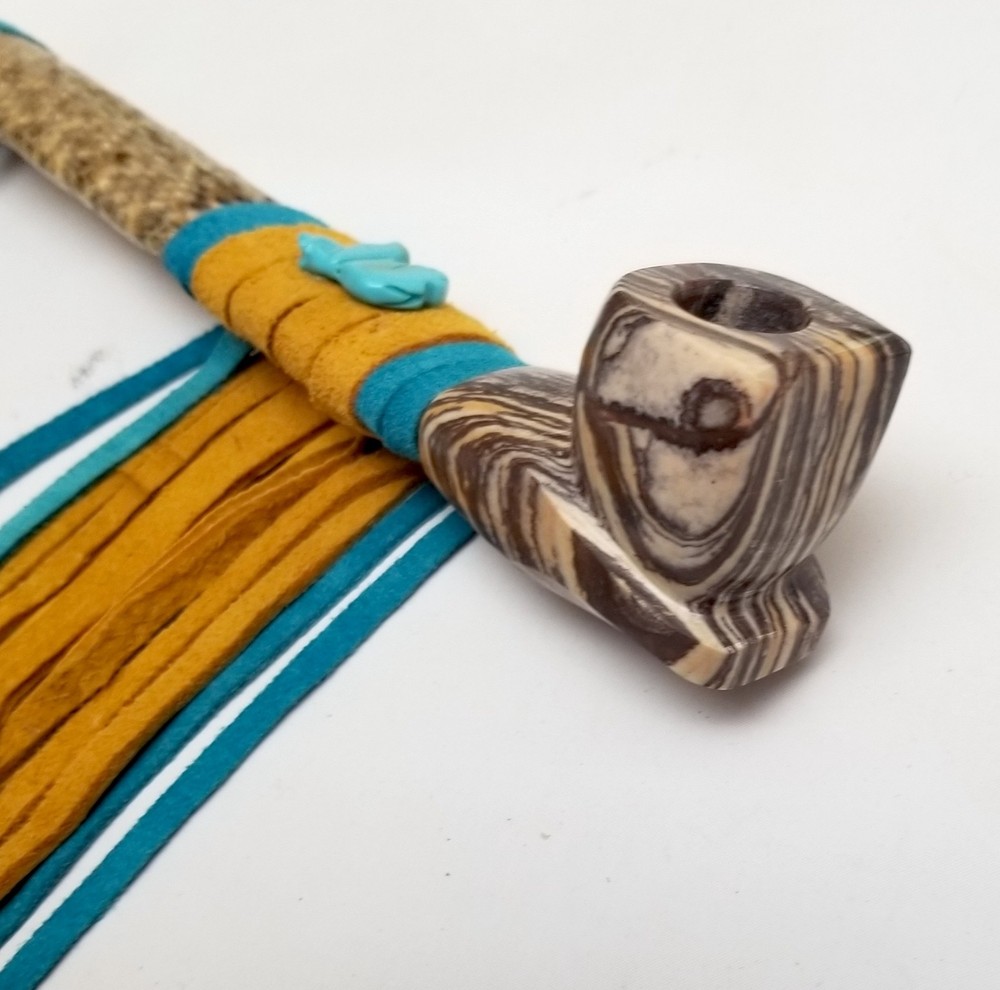18" Marbled Soapstone Peace Pipe, Apache Bear Spirit Peacepipe