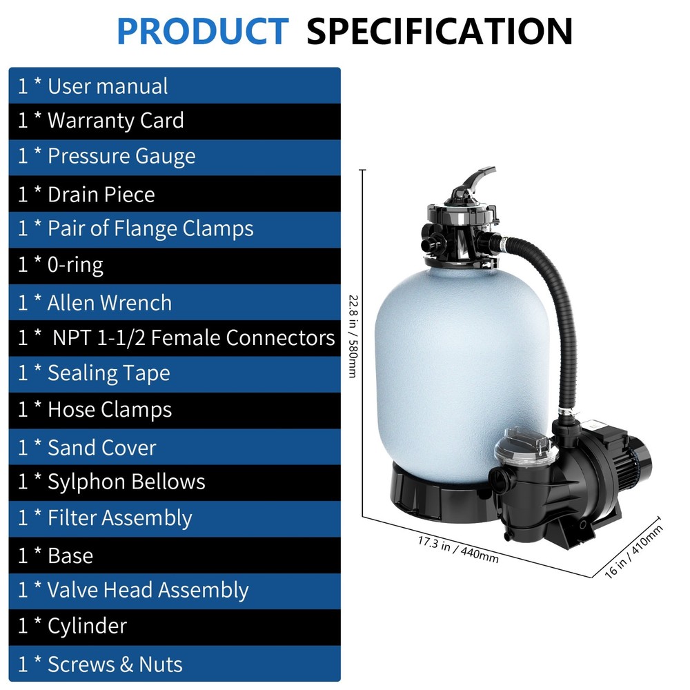 FOTING 18" Sand Filter Pump for Above Ground Pool with Timer, 1 HP 5500GPH