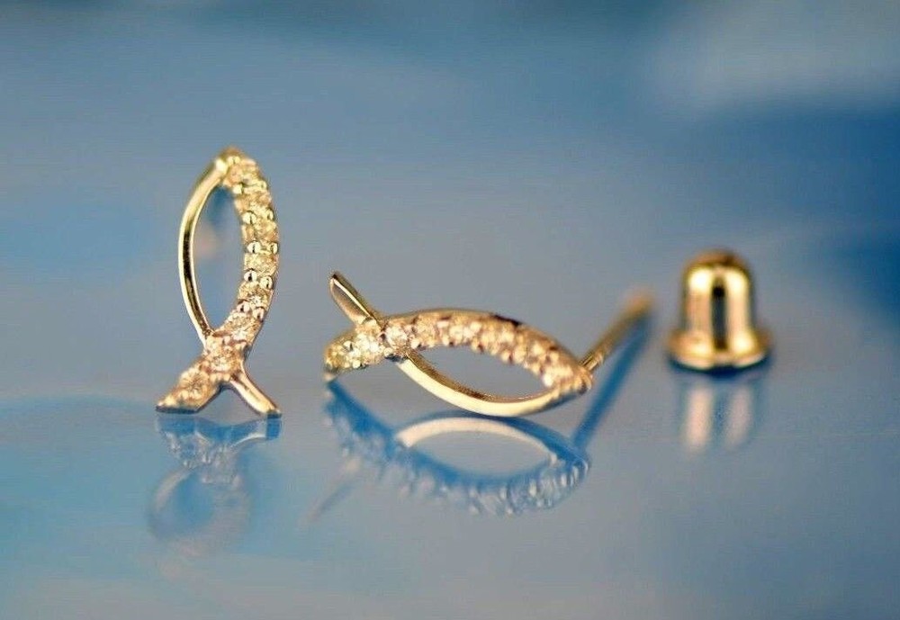 14k Yellow or White Gold Fish CZ Stud Earring