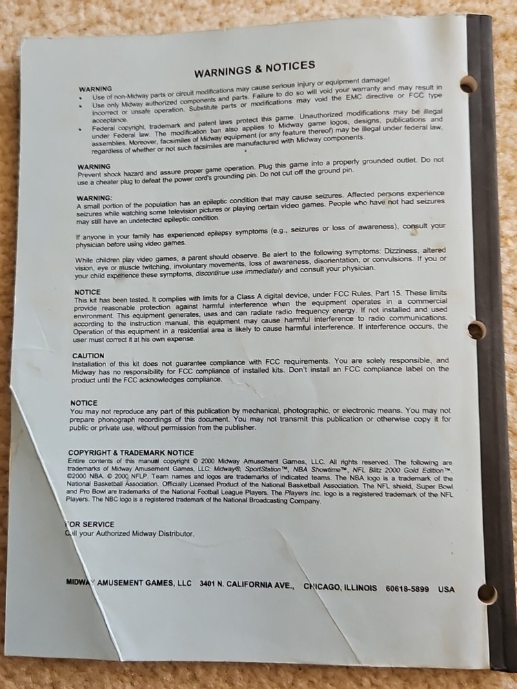 Midway NBA Show Time Operations Video Game Conversion Kit Manual Arcade