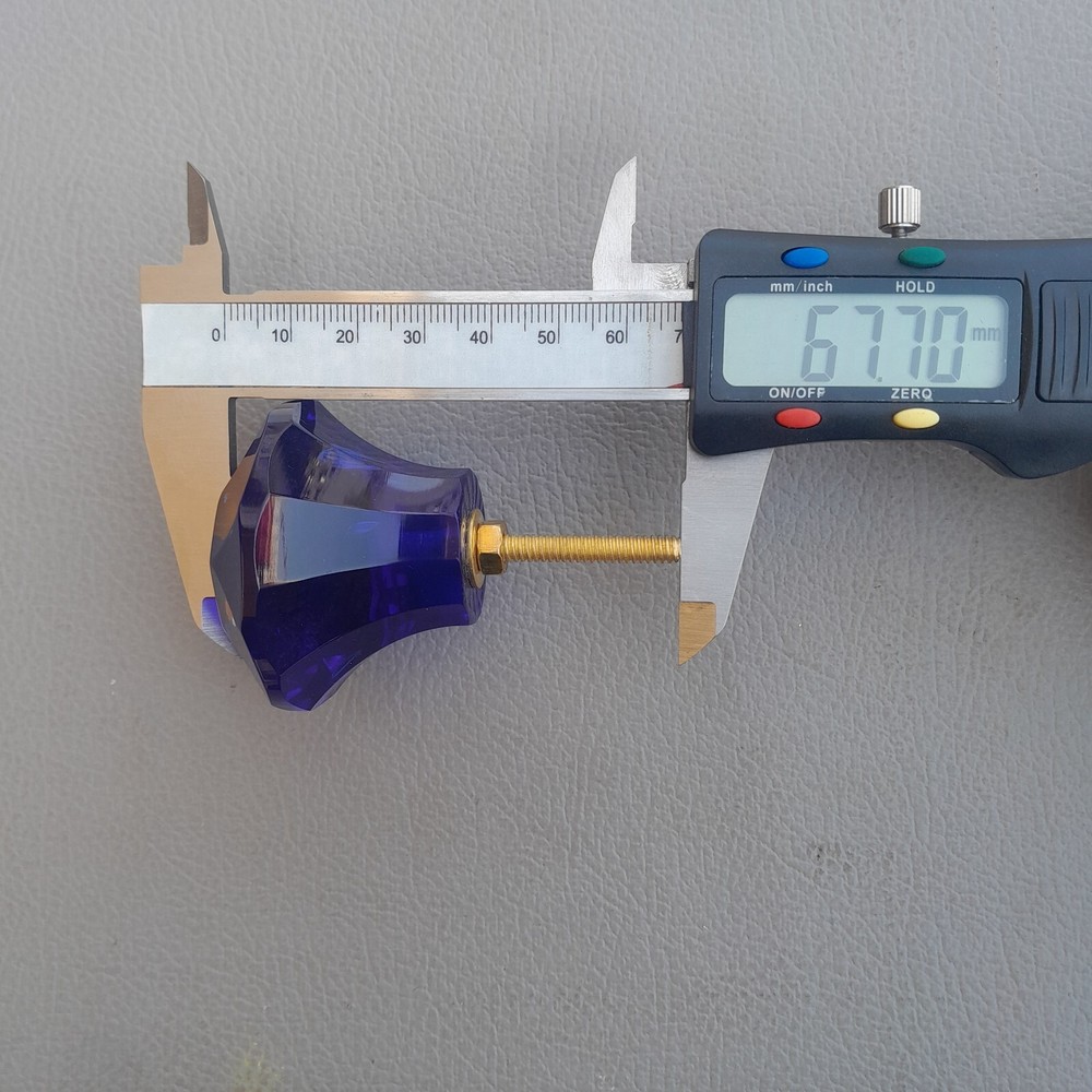 vtg blue victorian diamond cut glass drawer knob handle pull 4PC