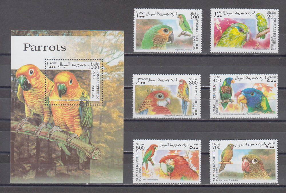 REP. SOMALI :  1999 - MNH  - 1  S/S + 6 VAL.  PARROTS