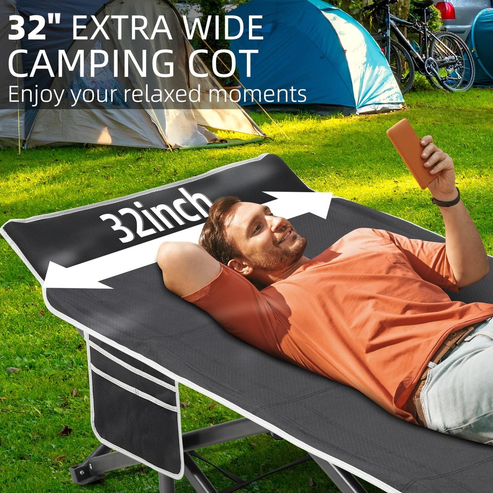 Portable Camping Cot, 32" Extra Wide Camping Cots for Everyone with Thick Cus...
