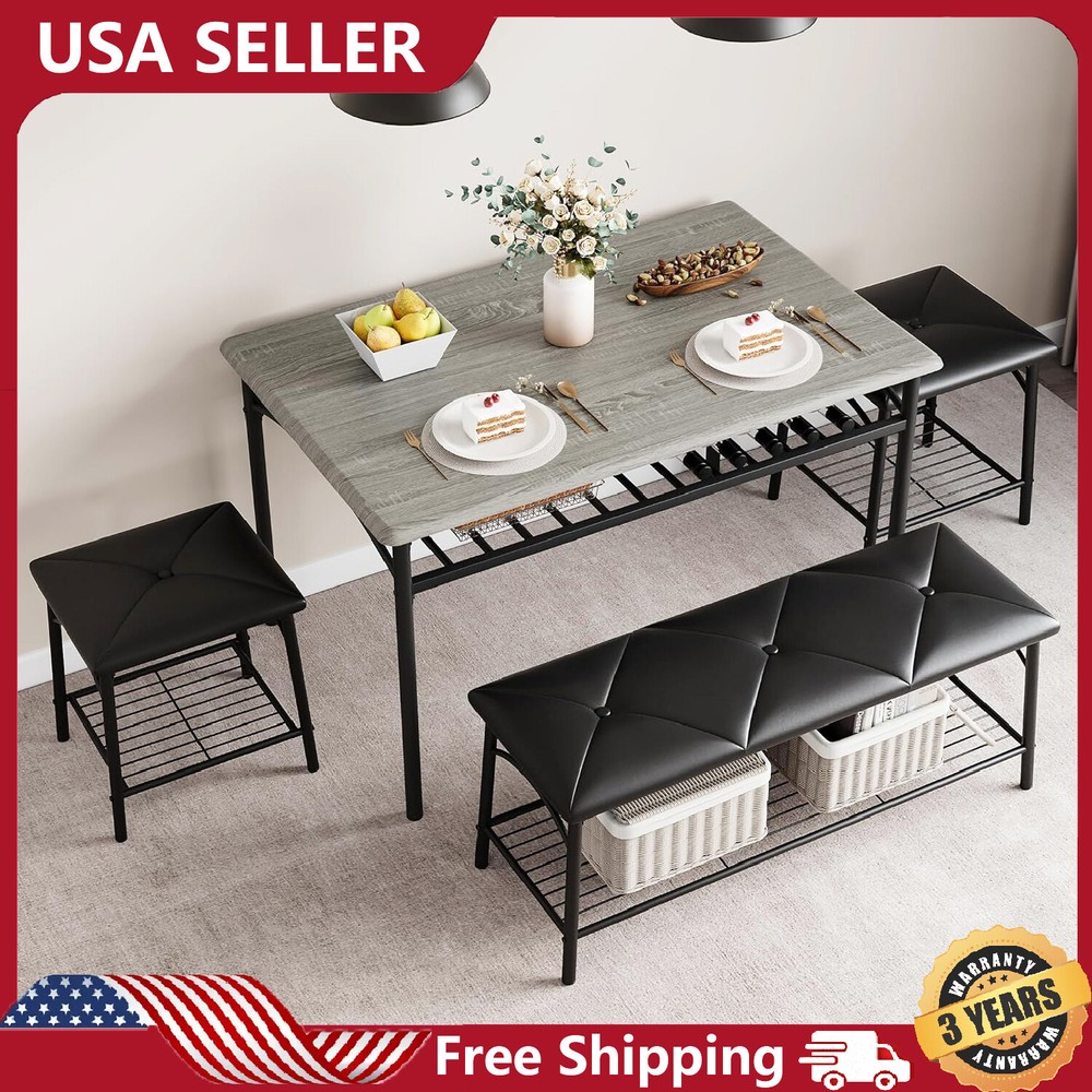 Dining Room Table Set for 4 Kitchen Table with Bench ,Stools & Storage Rack Grey