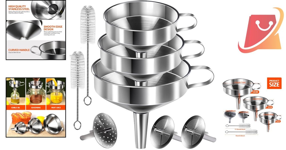 Stainless Steel Funnel Set 3PCS Large Kitchen Tool with Strainers & Brushes